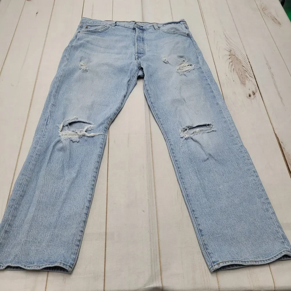 Levis 501 93 straight leg jeans button fly stretch distressed ripped 36x30